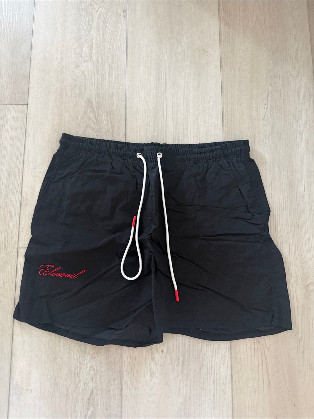 Men's Black Swim Trunks with White Drawcord and Red Accent